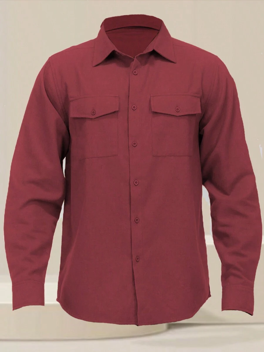 Men's Woven Plaid Flannel Long Sleeve Brushed Casual Fitted Normal Shacket - Màu Đỏ Sâu - Xem 1