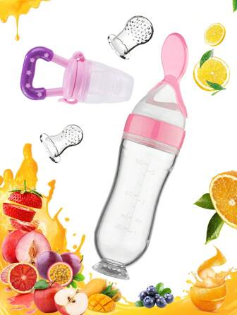 4pcs Silicone Squeeze Feeding Bottle, Pacifier And Vegetable/fruit Feeder Set For Baby And Infant