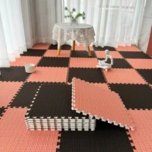 10 件套黑色、棕色 + 橙色厚底条纹亚麻拼布地毯，30*30*1.0 厘米小尺寸互锁地毯，适用于卧室、客厅、厨房，美式风格，EVA 背衬，耐用且易于清洁，可修剪 - 彩色 - 查看 5