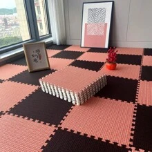 10 件套黑色、棕色 + 橙色厚底条纹亚麻拼布地毯，30*30*1.0 厘米小尺寸互锁地毯，适用于卧室、客厅、厨房，美式风格，EVA 背衬，耐用且易于清洁，可修剪 - 彩色 - 查看 4