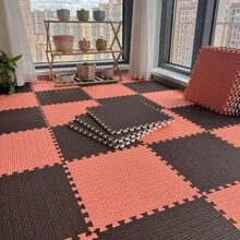 10 件套黑色、棕色 + 橙色厚底条纹亚麻拼布地毯，30*30*1.0 厘米小尺寸互锁地毯，适用于卧室、客厅、厨房，美式风格，EVA 背衬，耐用且易于清洁，可修剪 - 彩色 - 查看 2