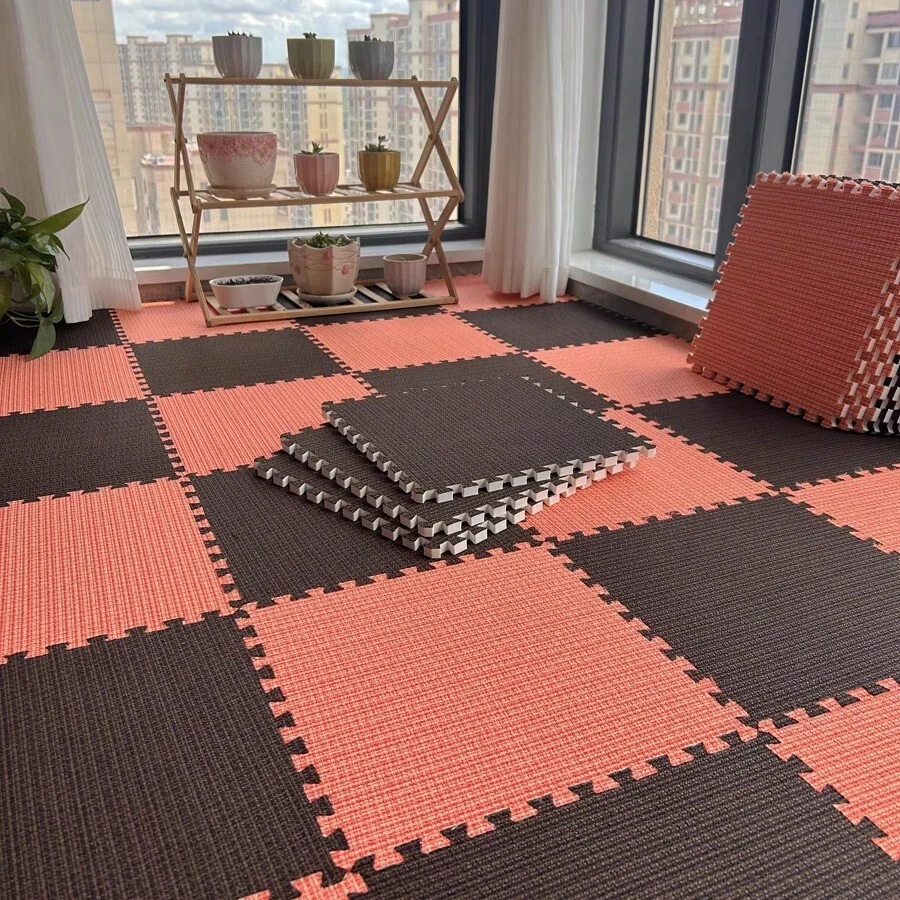 10 件套黑色、棕色 + 橙色厚底条纹亚麻拼布地毯，30*30*1.0 厘米小尺寸互锁地毯，适用于卧室、客厅、厨房，美式风格，EVA 背衬，耐用且易于清洁，可修剪