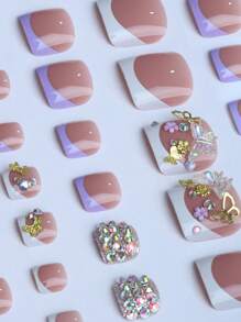 24 piezas de uñas postizas acrílicas negras de estilo ballet con brillo y piedras rhinestone, de longitud media y forma cuadrada, de cobertura completa, con pegamento de gelatina y 1 pieza de tiras de lijado, 1 pieza de uñas para los dedos de los pies, accesorios para uñas para fiestas