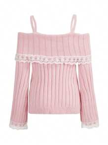 Women Y2k Off Shoulder Tops Slim Fit Long Sleeve Shirt Vintage Ribbed Lace Trim Knit Crop Tee Solid Bow Front Sweater Streetwear - Hồng - Xem 2