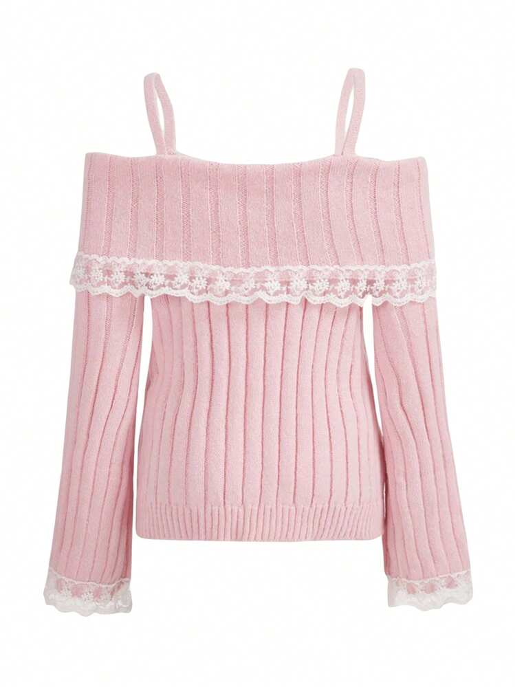 Women Y2k Off Shoulder Tops Slim Fit Long Sleeve Shirt Vintage Ribbed Lace Trim Knit Crop Tee Solid Bow Front Sweater Streetwear - 粉色 - 查看 2