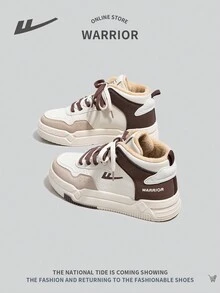 WARRIOR 女士休闲高帮系带运动鞋，保暖毛绒内衬，户外轻便舒适防滑拼色运动鞋 - 卡其色 - 查看 4