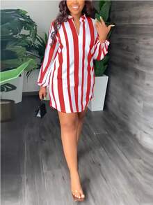 Striped Print Lantern Sleeve Simple Short Dress, Casual For Everyday Wear - Red and White - View 4