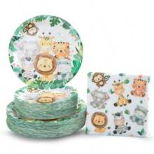 Juego de vajilla desechable con motivo de animales de la jungla, platos, servilletas y vasos de 7/9 pulgadas, regalos, suministros y decoraciones para fiestas de cumpleaños, platos, servilletas y vasos de papel desechables aptos para fiestas con tema de cumpleaños - Multicolor - Ver 3