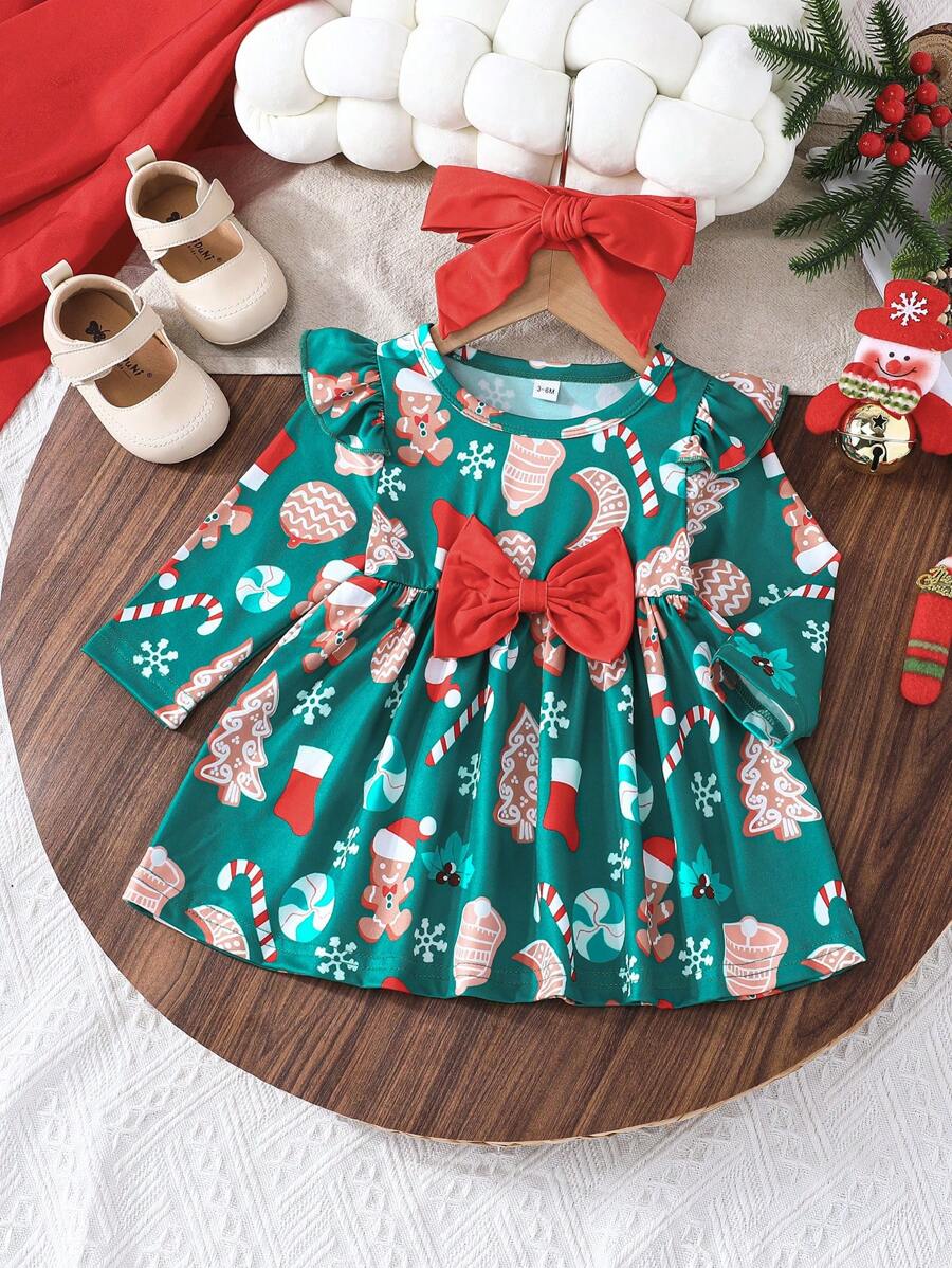 Trang phục ngày lễ in họa tiết trang trí Giáng sinh cho trẻ sơ sinh và bé gái, váy tay lửng cạp trễ cho bé gái kèm khăn trùm đầu - màu xanh lá - Xem 1