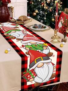1 khăn trải bàn Giáng sinh, viền kẻ caro có chú lùn giữ quà, họa tiết quả bóng Giáng sinh, dòng chữ "Merry Christmas", chất liệu polyester, trang trí bàn tiệc Giáng sinh mùa đông tại nhà và phòng ăn - Nhiều màu - Xem 3