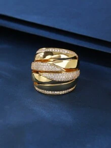 1pc Bronze Material Smooth Patchwork Ring With Inlay Rhinestone & Cubic Zirconia, Personalized Fashion Woman Big Ring, Suitable For Gift And Women's Daily / Holiday Wear