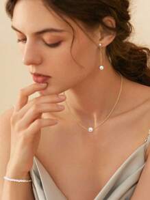 1 件优雅经典人造珍珠金首饰组合套装女士金色人造珍珠项链和耳环和手链组合女士精致魅力婚礼珠宝和派对佩戴