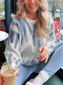 Women's Thick Knitted Color Matching Line Oversized Loose Pullover Sweater,Long Sleeve Tops