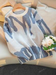Women's Thick Knitted Color Matching Line Oversized Loose Pullover Sweater,Long Sleeve Tops