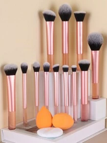 15pcs Makeup Brush Set, Including Powder Brush, Blush Brush, Highlighter Brush, Eyeshadow Brush, Eyelash Brush, Eyeliner Brush, Angled Foundation Brush, Round Foundation Brush, Round Powder Puff, Triangle Powder Puff, Triangle Makeup Sponge For Loose Powder, Makeup Sponge For Liquid Foundation Mixing, Beauty Makeup Tools