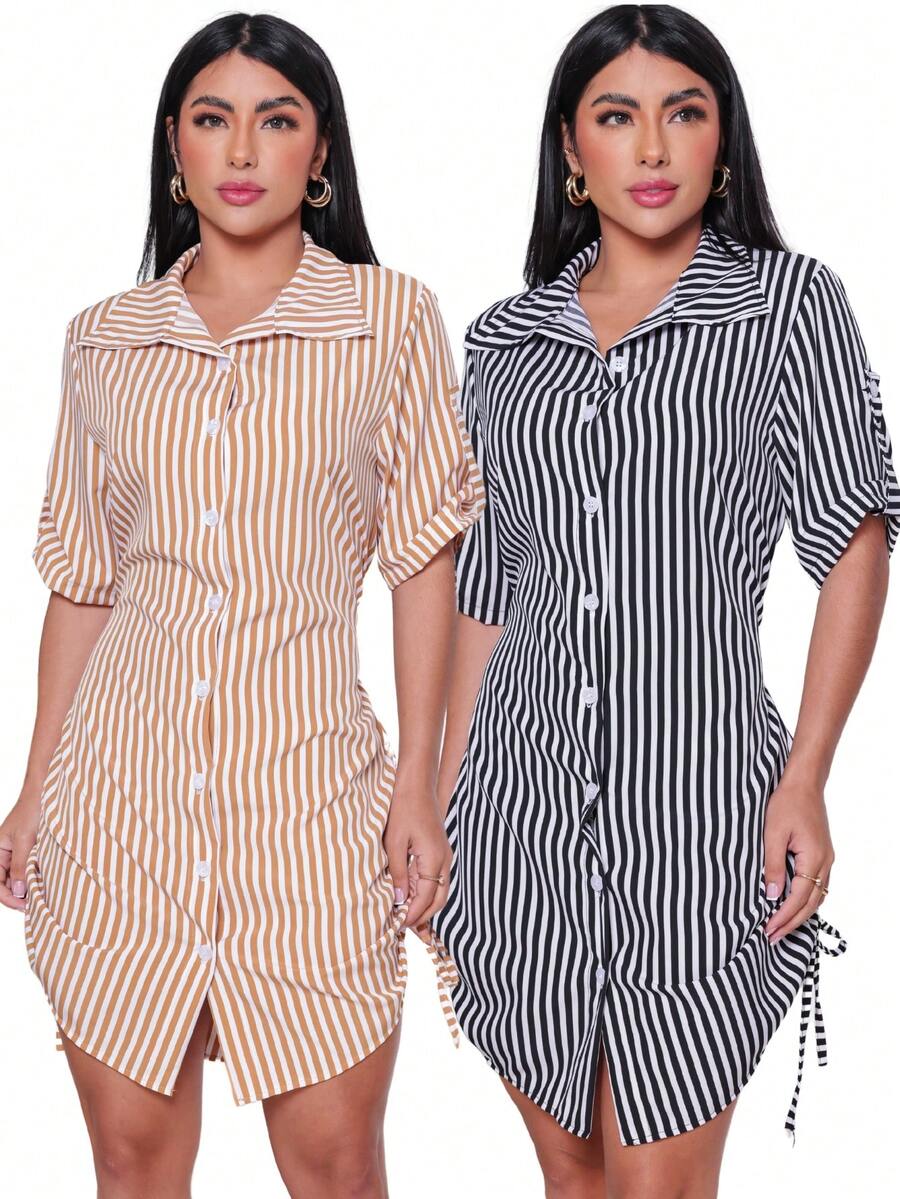 Kit 2 Women's Striped Shirt Dress Fashion Blogger - Nâu + Đen - Xem 1