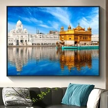 1 pieza Póster de lienzo de paisaje vibrante sin marco, pintura del atardecer en el Templo Dorado de la India, arte de pared de lienzo impermeable, pintura artística para regalo de cumpleaños, dormitorio, oficina, sala de estar, decoración de pared, hogar y decoración de dormitorio