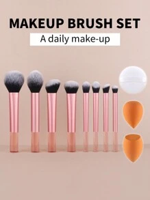 15pcs Makeup Brush Set, Including Powder Brush, Blush Brush, Highlighter Brush, Eyeshadow Brush, Eyelash Brush, Eyeliner Brush, Angled Foundation Brush, Round Foundation Brush, Round Powder Puff, Triangle Powder Puff, Triangle Makeup Sponge For Loose Powder, Makeup Sponge For Liquid Foundation Mixing, Beauty Makeup Tools