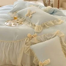 1set Cute Floral Chiffon Ruffles Bow Bedding Set, Includes 1pc Duvet Cover + 2pcs Pillow Shams - Blue - View 10