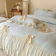 1set Cute Floral Chiffon Ruffles Bow Bedding Set, Includes 1pc Duvet Cover + 2pcs Pillow Shams - Blue - View 7