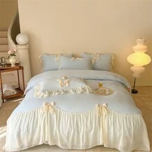 1set Cute Floral Chiffon Ruffles Bow Bedding Set, Includes 1pc Duvet Cover + 2pcs Pillow Shams - Blue - View 2