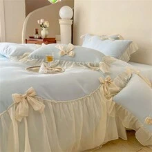 1set Cute Floral Chiffon Ruffles Bow Bedding Set, Includes 1pc Duvet Cover + 2pcs Pillow Shams - Blue - View 8