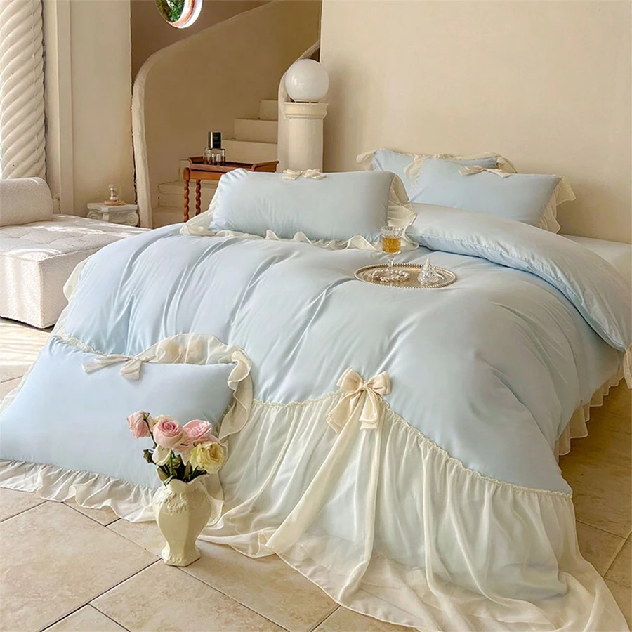 1set Cute Floral Chiffon Ruffles Bow Bedding Set, Includes 1pc Duvet Cover + 2pcs Pillow Shams - Blue - View 1