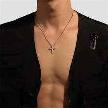 1 件简约欧式吊坠项链，适合男士，带水钻，百搭颈链 - 銀色 - 查看 3