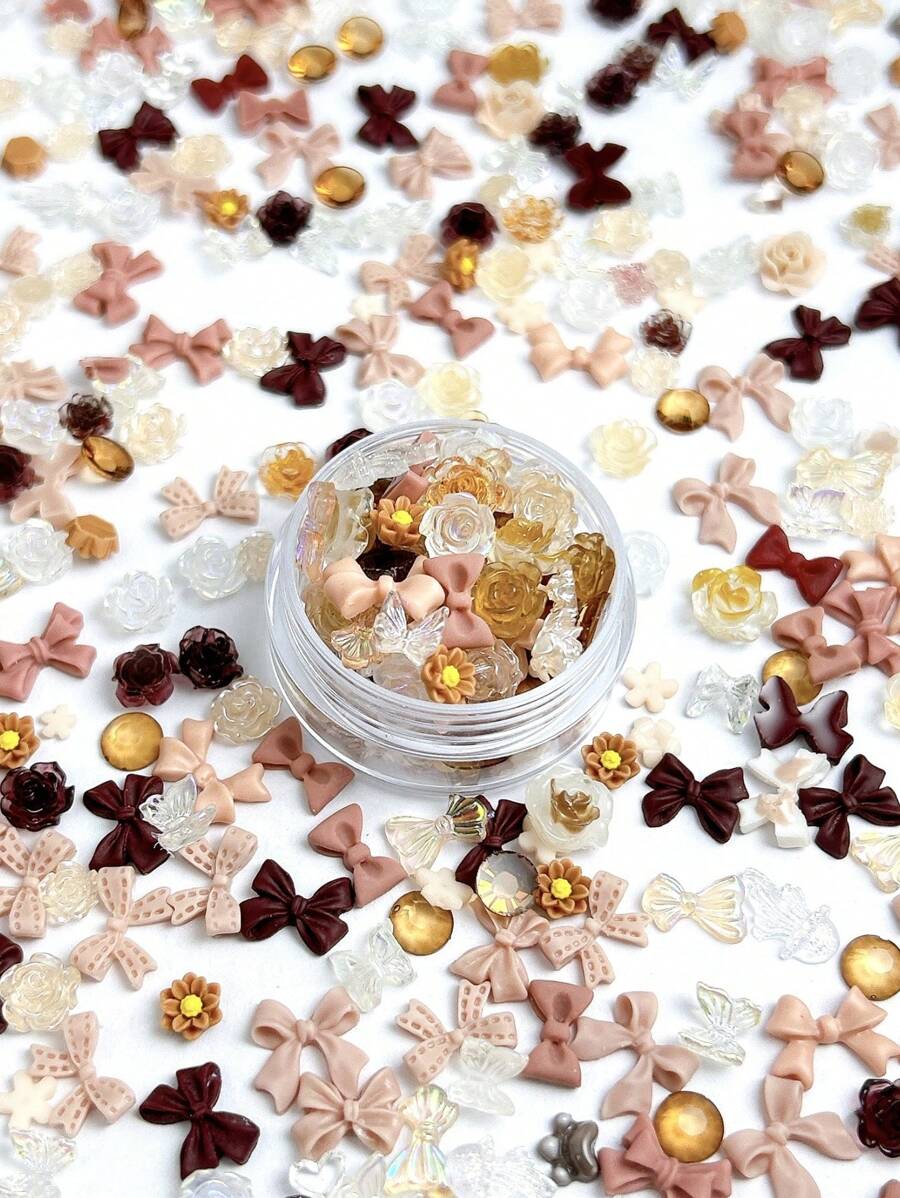 1 盒棕色调树脂丝带蝴蝶结染料玫瑰雏菊花和水晶美甲饰品 DIY 配件美甲用品指甲饰品美甲宝石 - 彩色 - 查看 1