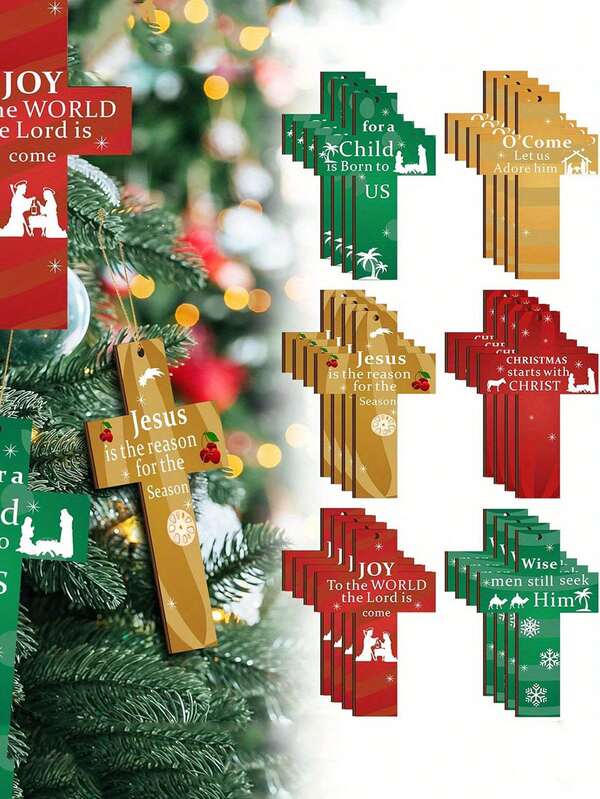 12pcs Cross Shaped Wooden Hanging Ornaments, Decor For Fireplace, Window, Christmas Tree, Gifts, Home, Garden, Festival, Party, Halloween, Halloween Decoration