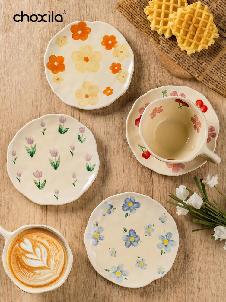 choxila 1/2 Peças Conjunto de Xícara e Pires Cerâmicos, Xícara e Pires Cerâmicos Florais, Prato de Café e Sobremesa de Volta às Aulas - prato de cerâmica flor - Visão 12