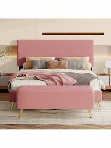 2 Pieces Bedroom Sets Queen Size Upholstered Bed Frame, Modern Corduroy  Storage Ottoman,Pink - 粉紅色+實木+MDF+大床+2件套裝 - 查看 2