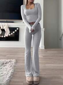 GAOVOT 女士两件套春夏 Y2K 修身性感纯色方领长袖上衣和微喇叭裤套装