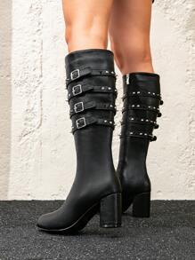 Women's Pointed Toe Metal Buckle Studded Chunky Heel Knee-High Boots, Suitable For Baddie Outfit, Black