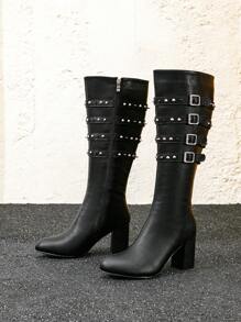 Women's Pointed Toe Metal Buckle Studded Chunky Heel Knee-High Boots, Suitable For Baddie Outfit, Black