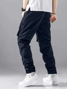 2pcs Tween Boy Casual Drawstring Cargo Pants, Fashion Streetwear, Spring Autumn Summer - Navy Blue - View 2