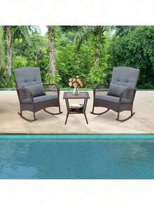 3 PCS Rocking Bistro Rattan Conversation Dining Sofa Set W/ 2-Tiers Coffee Table - 1 - 查看 5