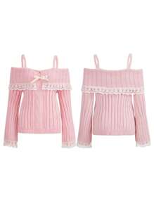 Women Y2k Off Shoulder Tops Slim Fit Long Sleeve Shirt Vintage Ribbed Lace Trim Knit Crop Tee Solid Bow Front Sweater Streetwear - Hồng - Xem 5