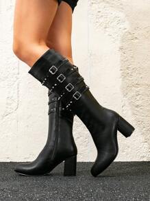 Women's Pointed Toe Metal Buckle Studded Chunky Heel Knee-High Boots, Suitable For Baddie Outfit, Black