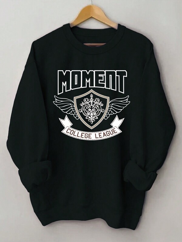 Moletom com gola redonda e forro térmico com estampas de estilo universitário, outono/inverno