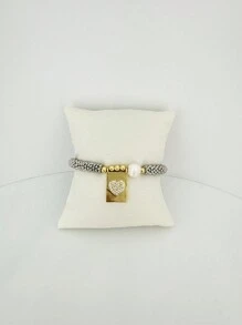 1 件时尚银色雪花和铜珠珠光串珠心形和吊坠装饰手链，适合女性日常佩戴 - 銀色雪花片手鍊 - 查看 9