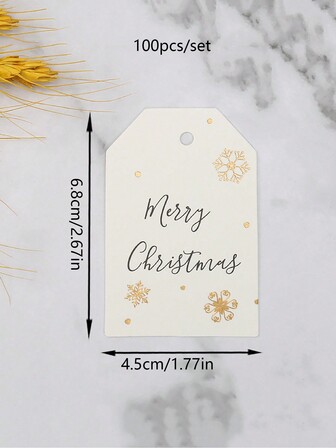 100 件/套白色雪花图案圣诞快乐标签，适用于圣诞礼品盒装饰、圣诞节