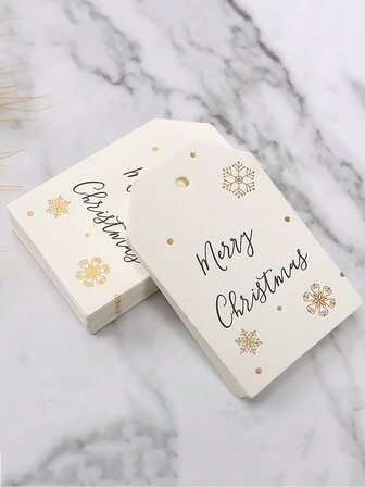 100 件/套白色雪花图案圣诞快乐标签，适用于圣诞礼品盒装饰、圣诞节