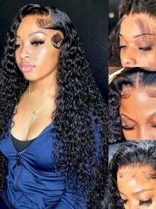 Eulisi 蕾丝前假发 人发杰瑞卷发 13x4 蕾丝前假发 女士用人发 已拔取婴儿头发 150% 密度巴西卷发蕾丝前假发 人发 - 黑色 - 查看 4