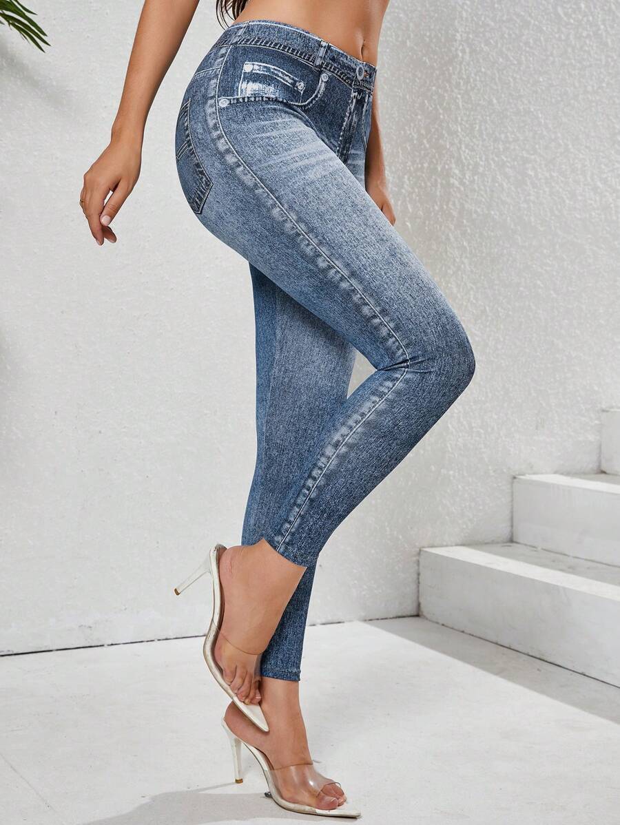 女士牛仔印花瑜伽紧身裤 - 高腰收腹提臀，透气四向弹力运动紧身裤，带假口袋（通勤、健身、休闲） - 藍色 - 查看 1