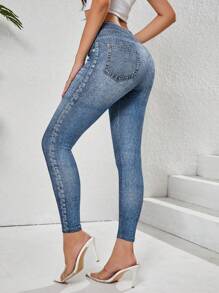 女士牛仔印花瑜伽紧身裤 - 高腰收腹提臀，透气四向弹力运动紧身裤，带假口袋（通勤、健身、休闲） - 藍色 - 查看 4