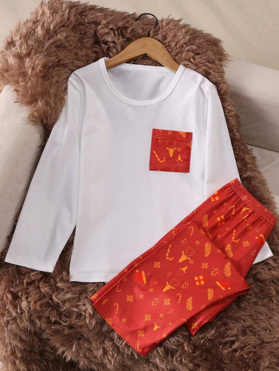 两件套同款家居服男女童睡衣舒适休闲头层牛皮秋冬季男童圣诞儿童睡衣套装 - 彩色 - 查看 1