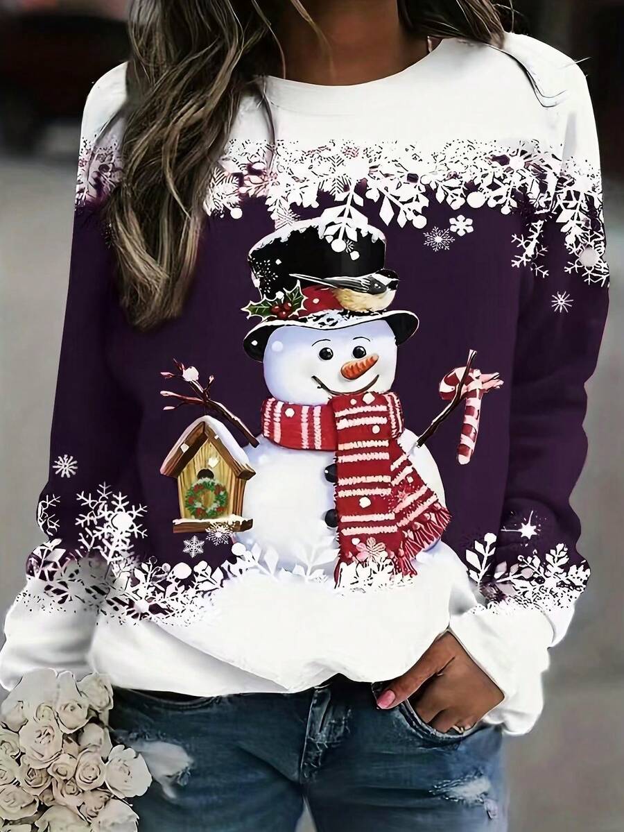 Women's Christmas Print Crew Neck Long Sleeve Sweatshirt - Coffee Brown - View 1