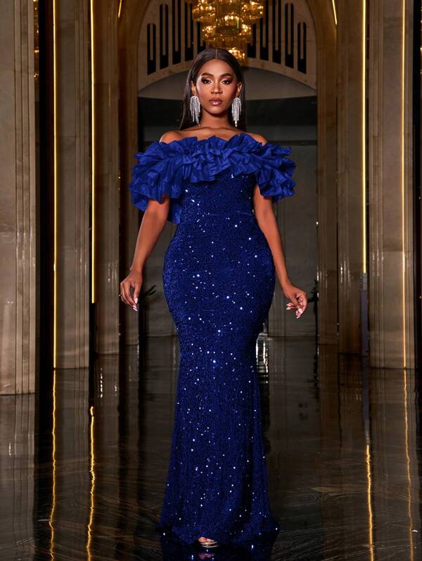 Faeriesty Layered Ruffle Trim Off Shoulder Sequin Mermaid Prom Dress, Elegant Formal Evening Gown, For Wedding Guest, Graduation, Dinner, Party Dress