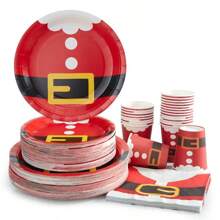 Weihnachtsparty Ausstattung - Weihnachtsmann Gürtel, Einwegpappteller, -Becher, -Servietten, Partydekorationen für Weihnachtsfeier, Einweg-Weihnachtsparty, Feiertags-Partydekorationen und Geschenke, Weihnachten - Verschiedenfarbig - Übersicht 3